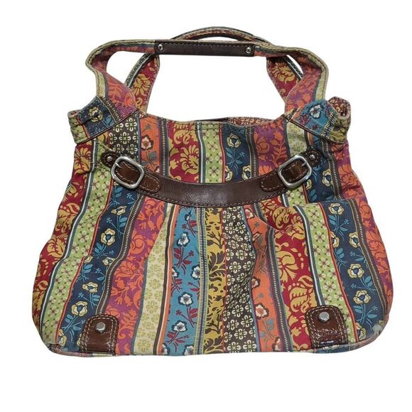 Bohemian Multicolor Striped Fossil purse Tote Bag Faux Leather Accents boho - Picture 1 of 10
